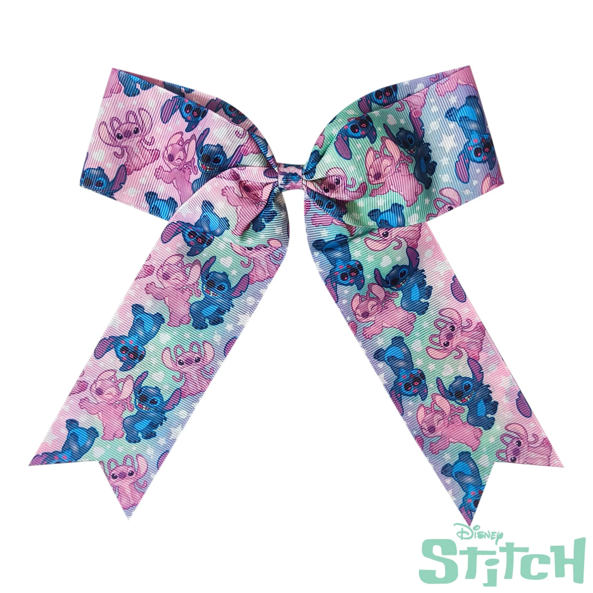 Disney Stitch hair bow from LuvHer Shop featuring blue and pink Stitch pattern on ribbon.