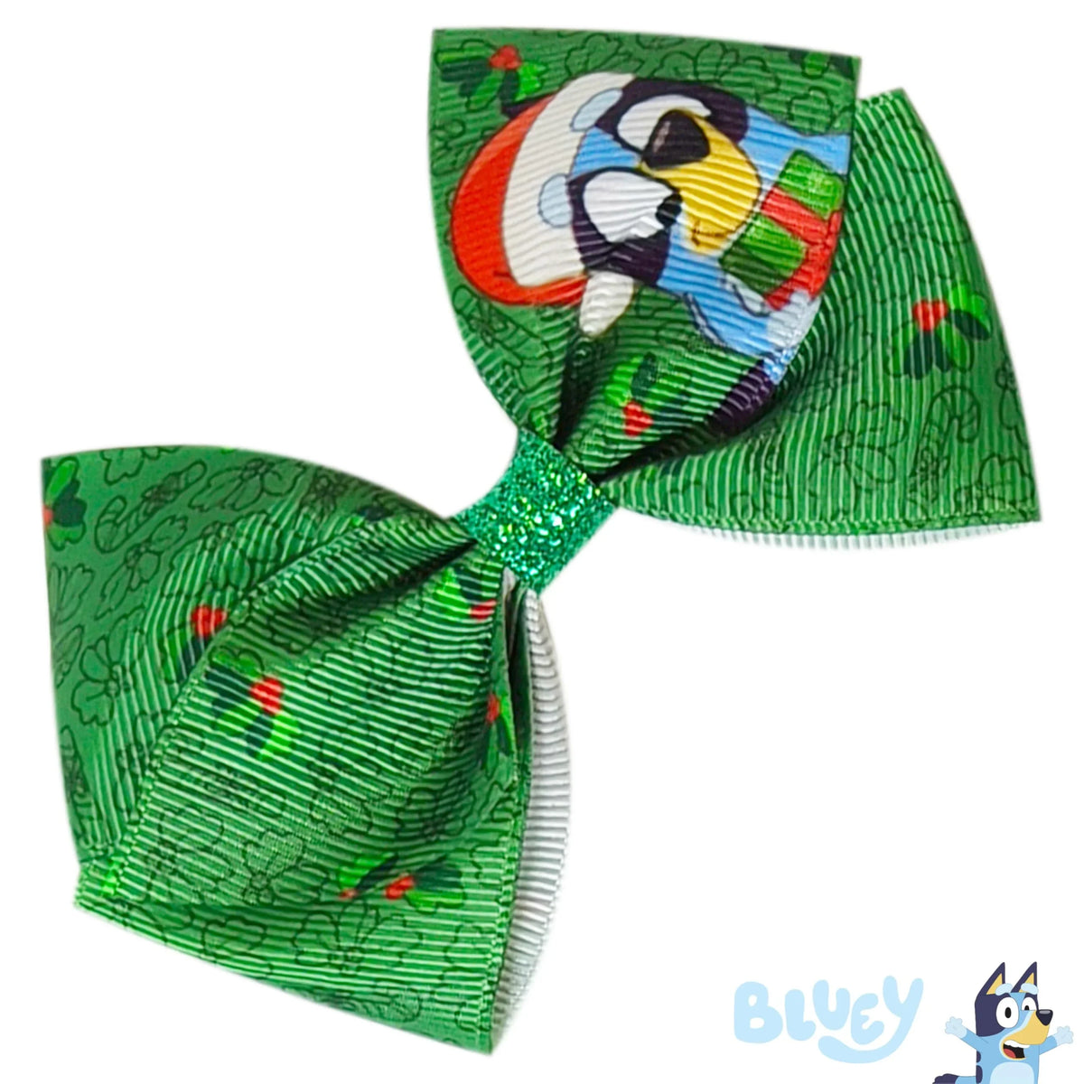 Bluey Girls Hair Bow St. Patrick's Day green accessory with Bluey character, clover pattern, LuvHer Shop