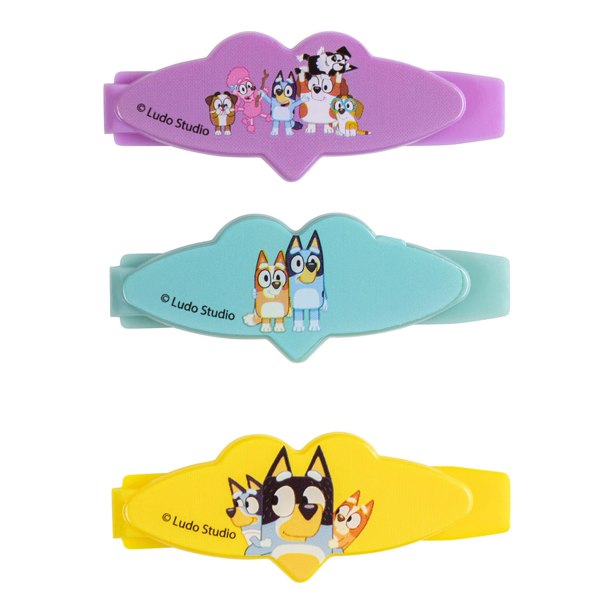Bluey Hair Clips Set featuring colorful Bluey character designs, three pack, official LuvHer Shop accessory.