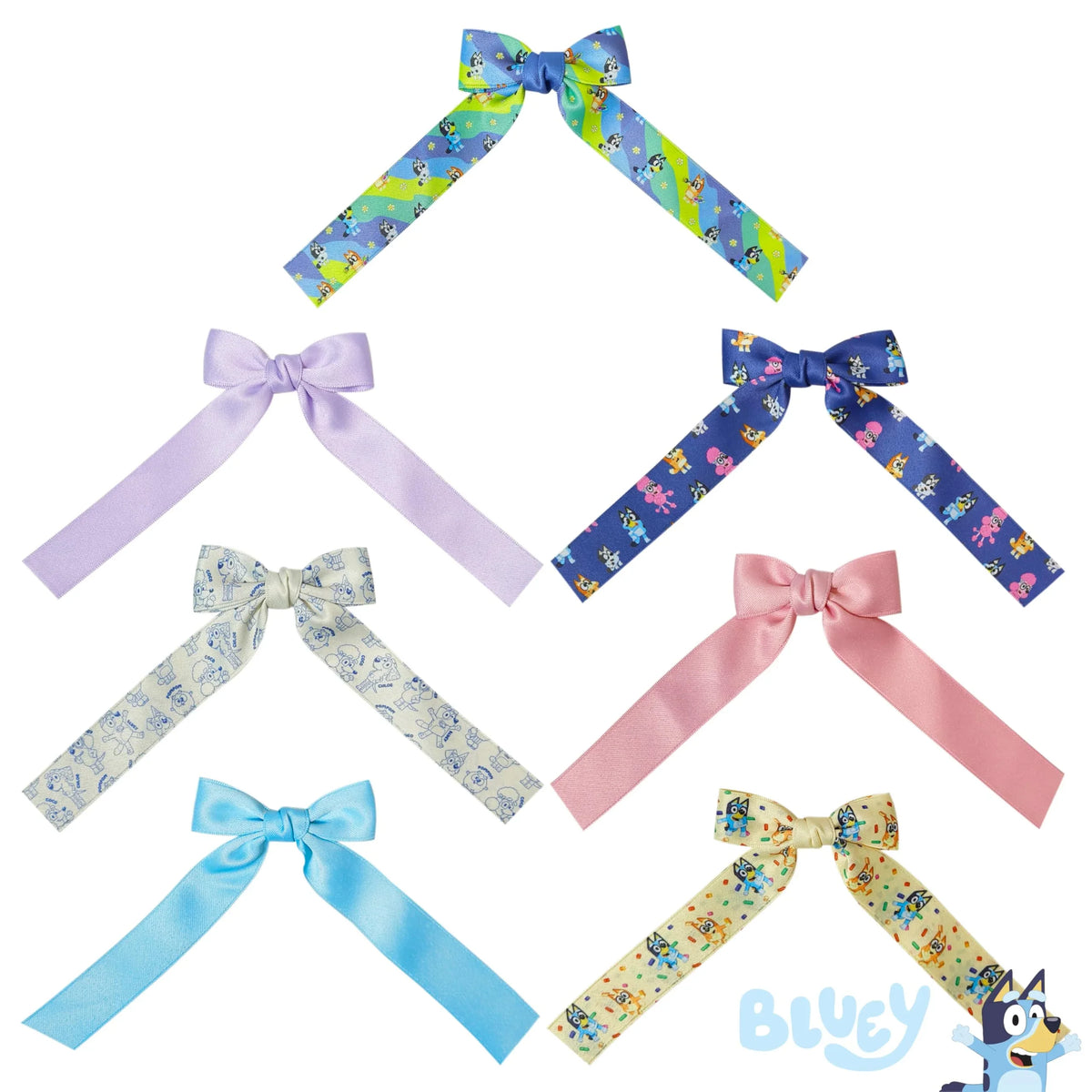 Bluey Hair Bow Set featuring assorted colorful satin bows with Bluey character prints, LuvHer Shop