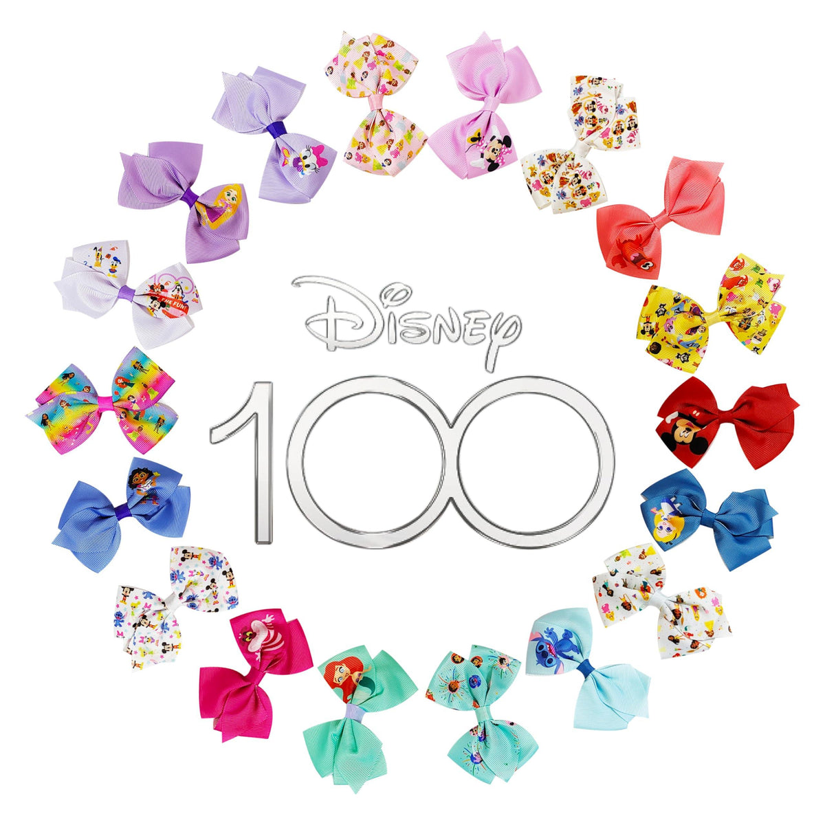 Disney 100 hair bow set for girls arranged in a circle, featuring colorful character designs