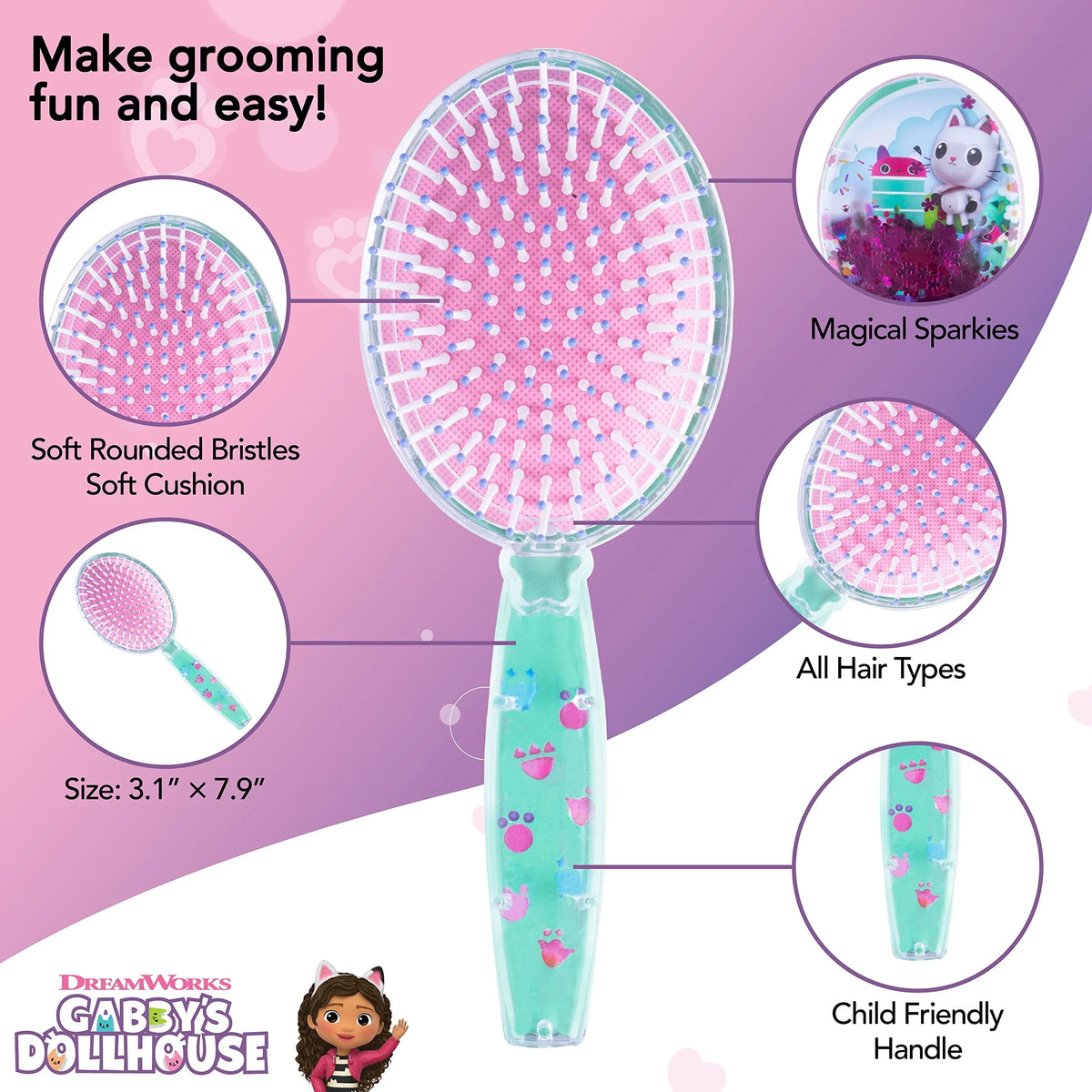 Gabby's Dollhouse hair brush with soft bristles, child-friendly handle, magical sparkly design