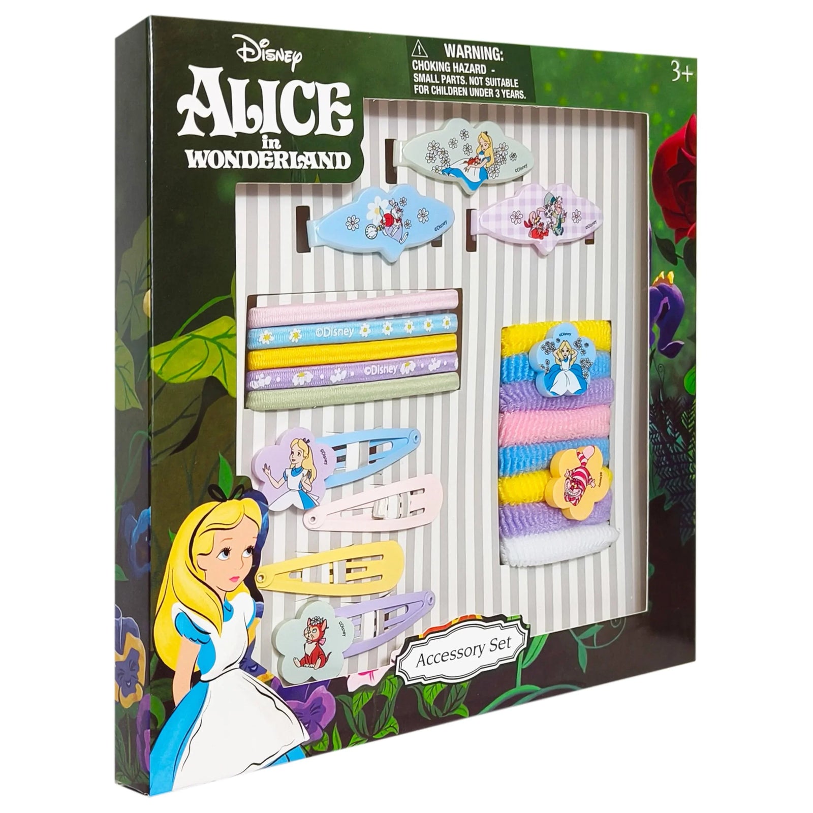 Disney Alice in Wonderland girls' accessory set with hair clips, hair ties, and headbands featuring Alice and Cheshire Cat designs, official LuvHer Shop product.