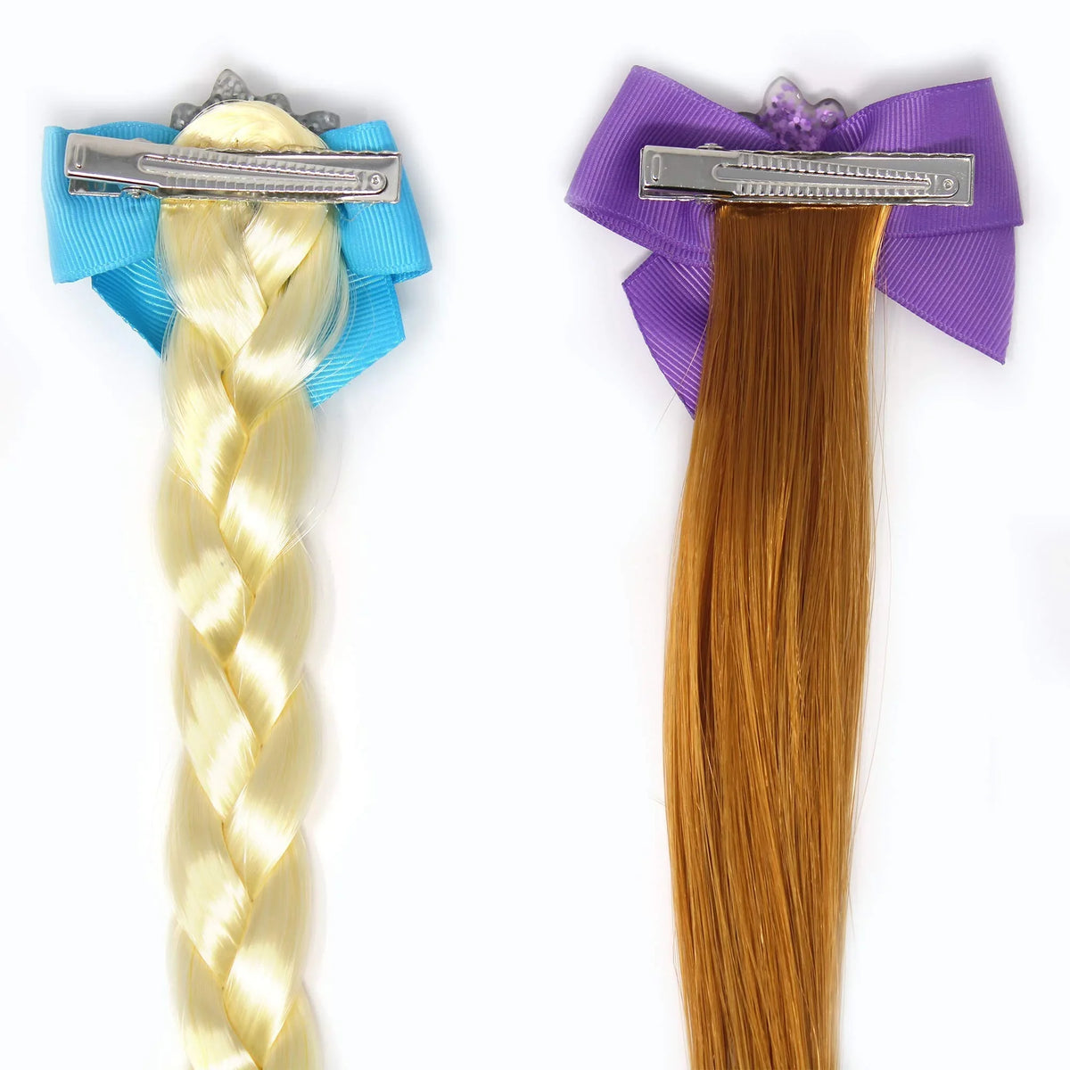 Frozen Elsa and Anna hair bow clip set with braided and straight faux hair extensions