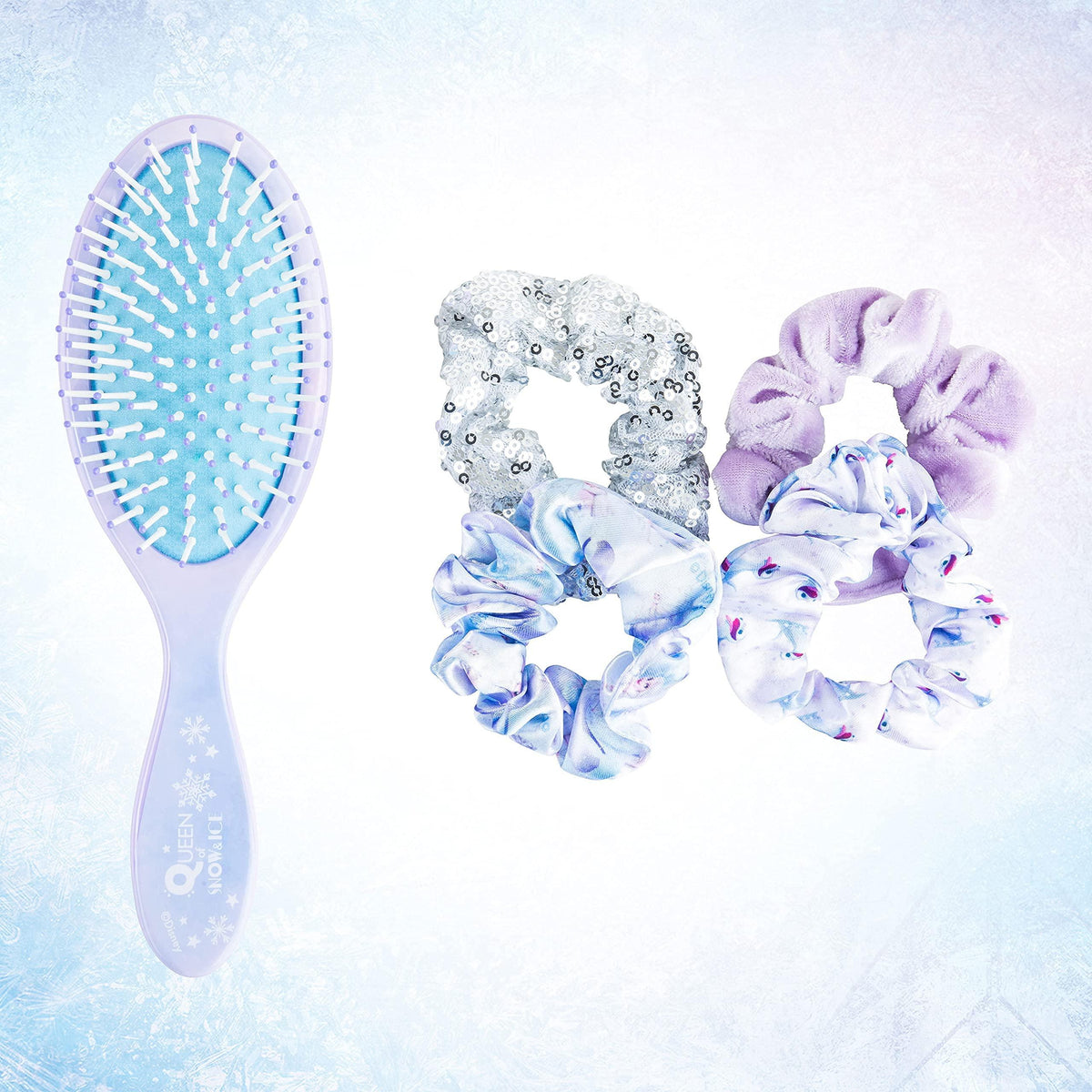 Frozen Queen Mom Hair Brush and Scrunchie Set with purple brush and four patterned hair scrunchies