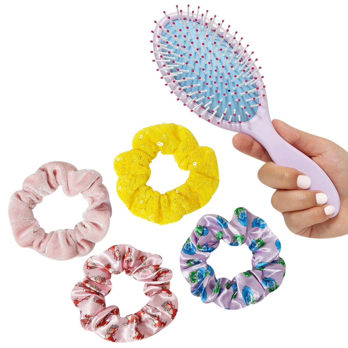 LuvHer Shop hair brush and girls' scrunchies set in assorted colors and patterns