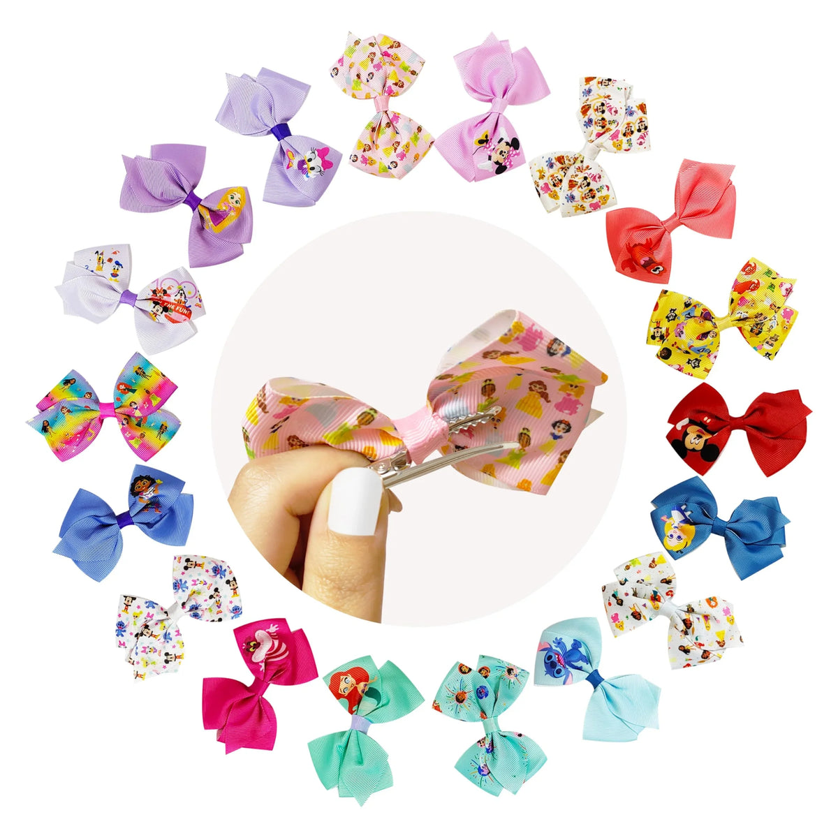 Disney Princess Girls Hair Bows Set by LuvHer Shop, colorful ribbon bow clips with official character prints