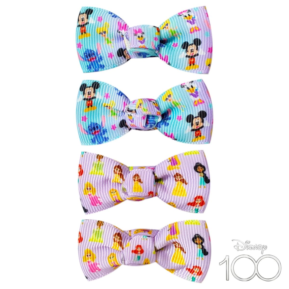 Disney 100 Girls Hair Bow Set featuring colorful bows with Mickey Mouse and princess designs