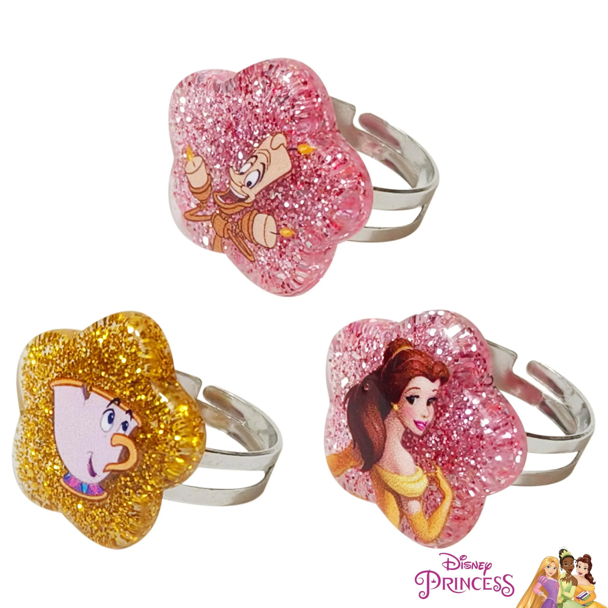 Disney Princess Belle Glitter Rings set featuring Belle, Lumière, and Chip, LuvHer Shop.