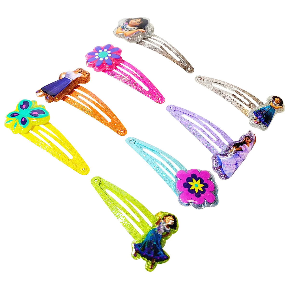 Encanto Snap Hair Clips set featuring colorful glitter hair clips with Encanto characters and floral designs, girls' Disney accessory from LuvHer Shop.