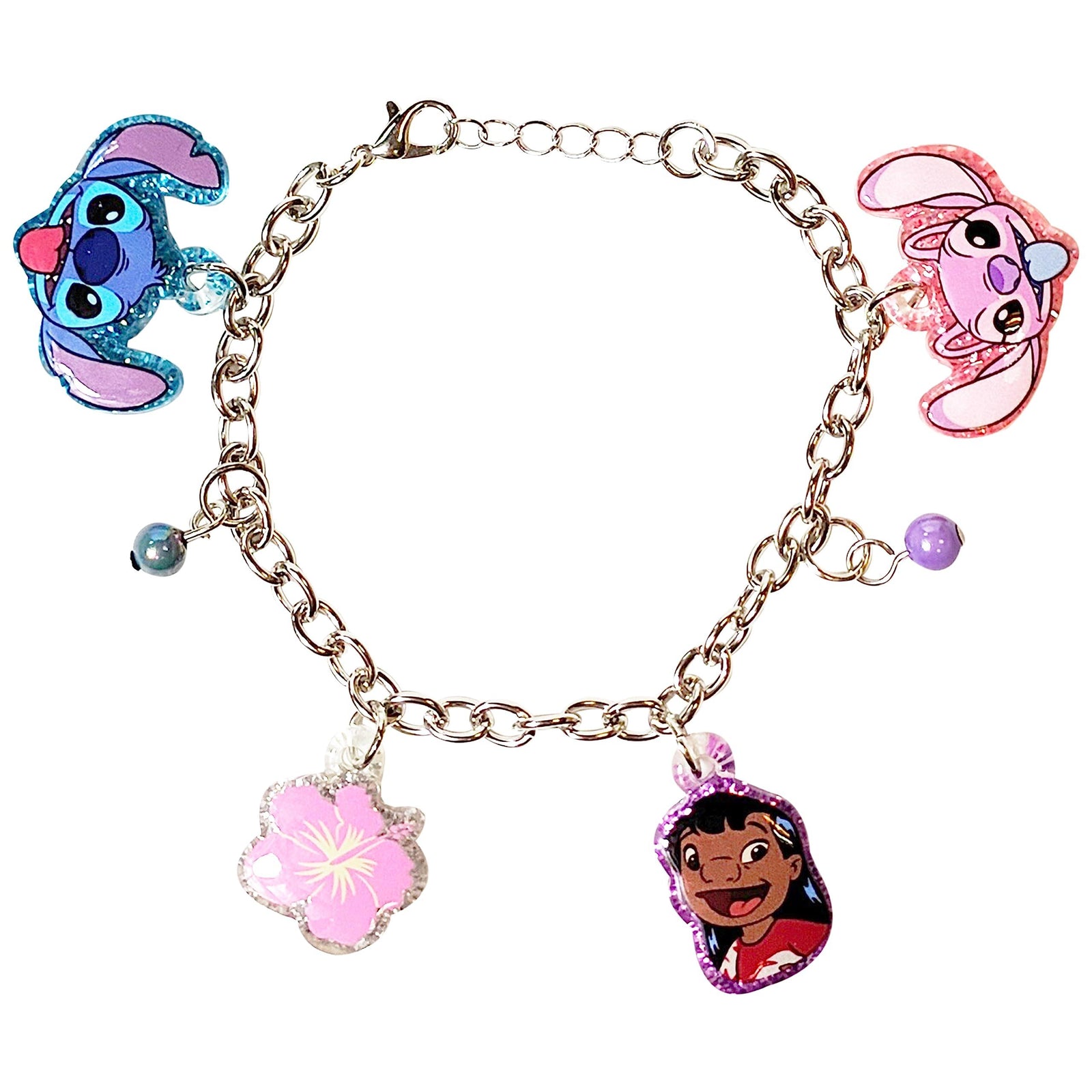 Disney Stitch Charm Bracelet with Lilo, Stitch, and flower charms on LuvHer Shop packaging