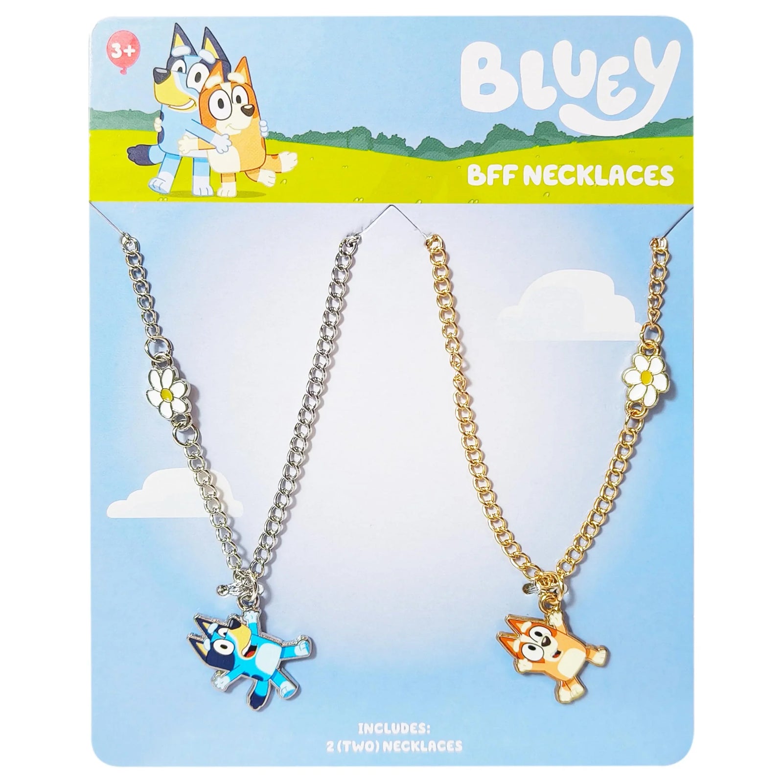 Bluey BFF Necklaces set with Bluey and Bingo charms on display card, girls' jewelry gift.