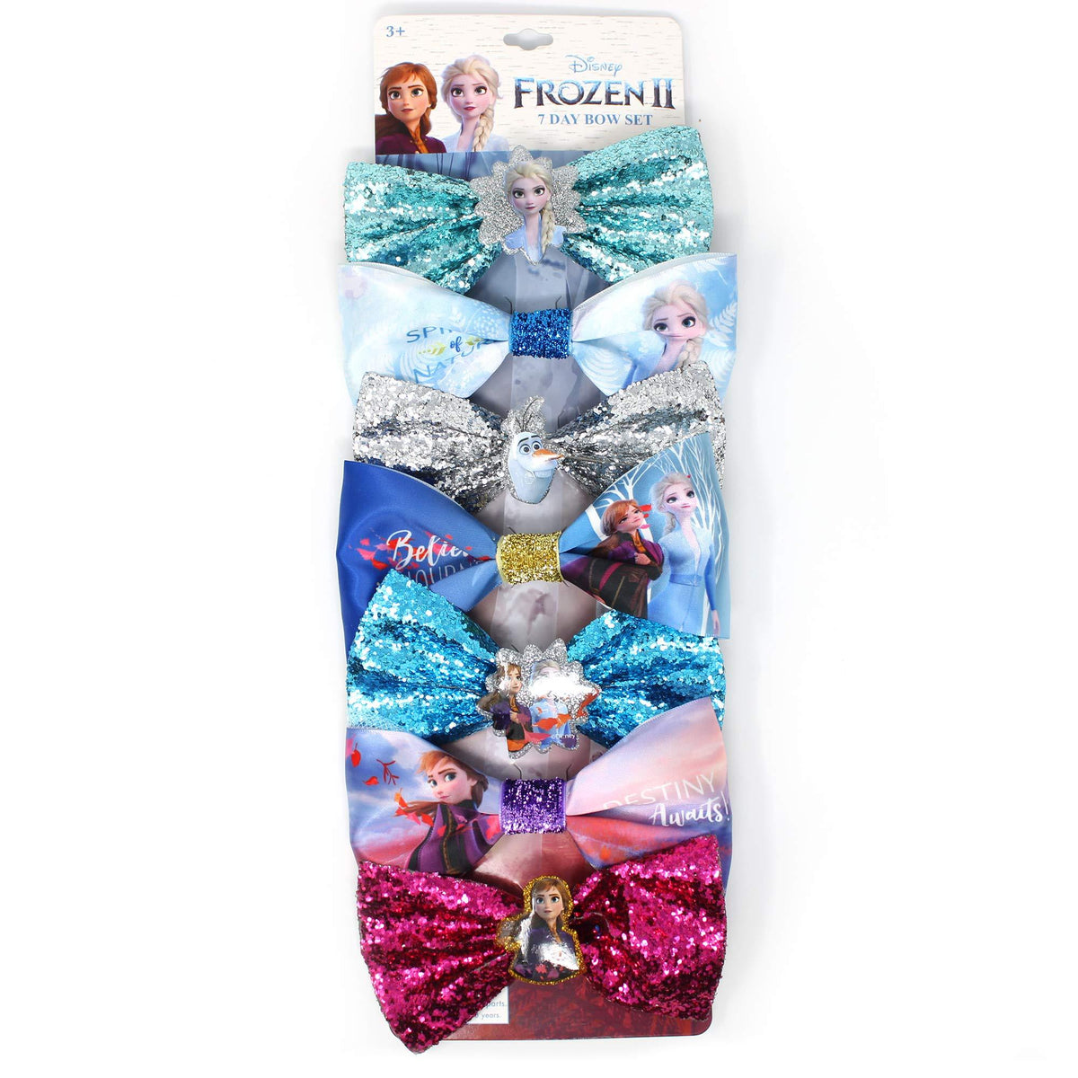 Disney Frozen II 7 Day Bow Set featuring colorful glitter hair bows with Elsa, Anna, and Olaf characters