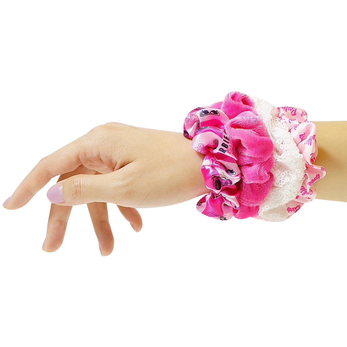 Barbie Scrunchie Set with pink and white hair accessories on wrist, LuvHer Shop