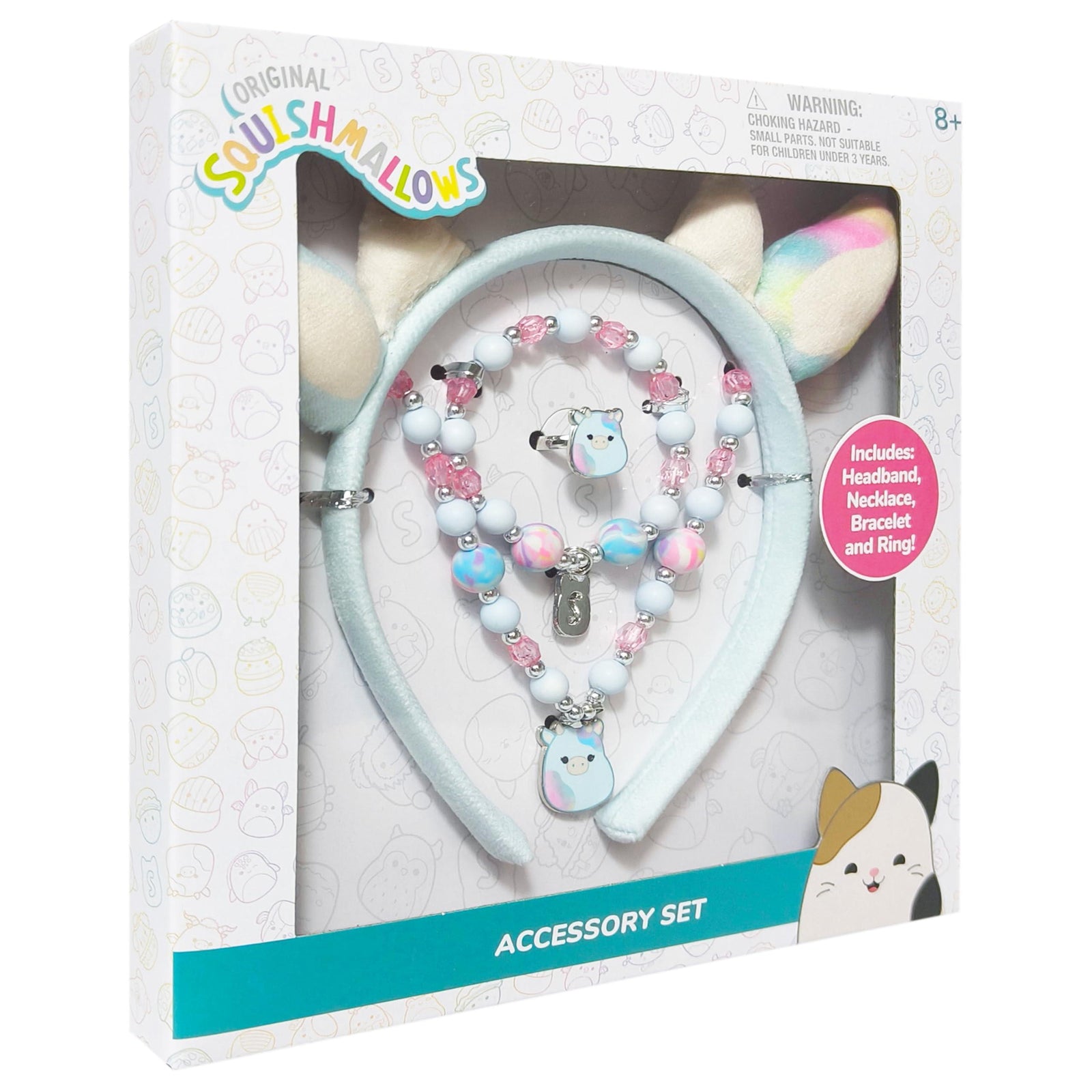Original Squishmallows Accessory Set featuring pastel headband, necklace, bracelet, and ring for girls