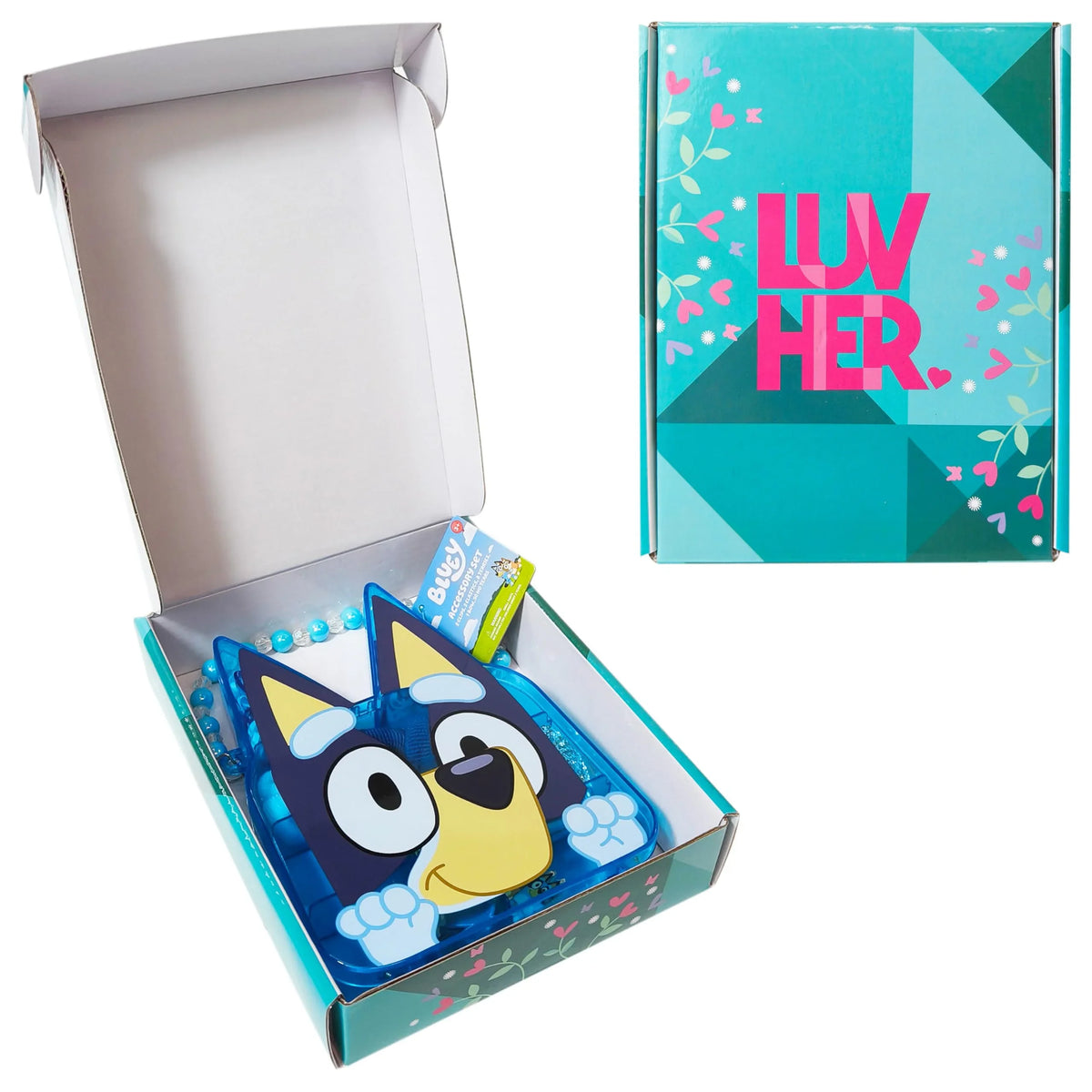 Bluey gift bundle in LuvHer Shop teal box with Bluey face accessories and beads