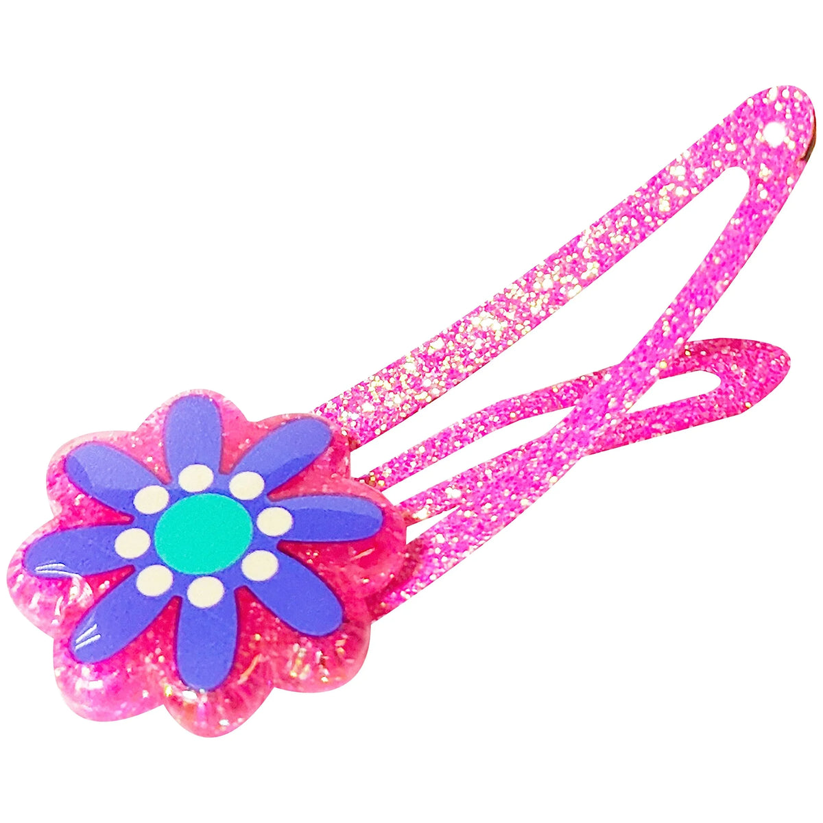LuvHer Shop glitter flower hair clip for girls, pink with purple petals and teal center