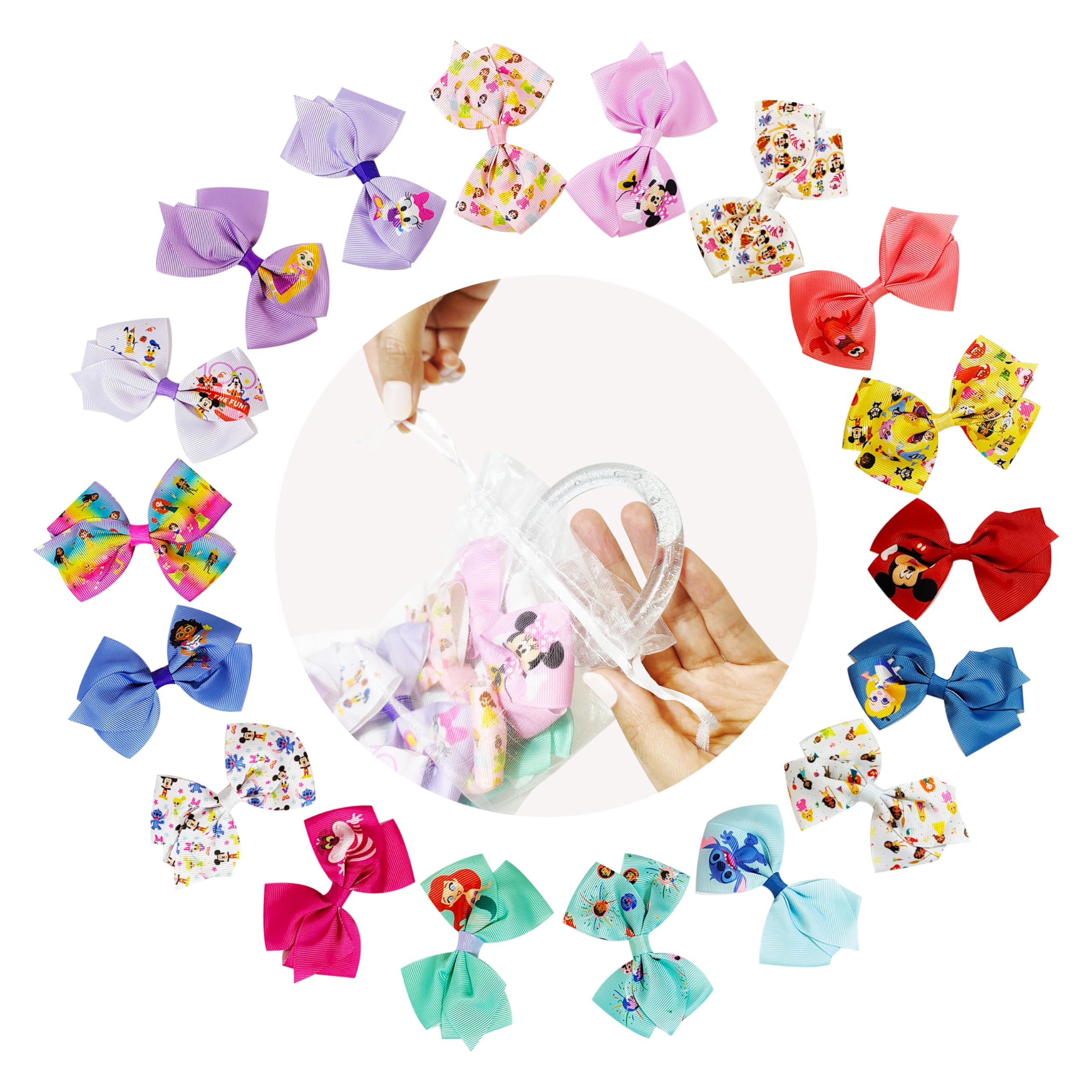 Disney 100th Anniversary Special Hair Accessory for Girls|18pc Disney Hair Bow Clips Featuring Favorite Characters with a String Bag Bow Holder with hanger. For all occasions & ages 3+ - LuvHer Shop