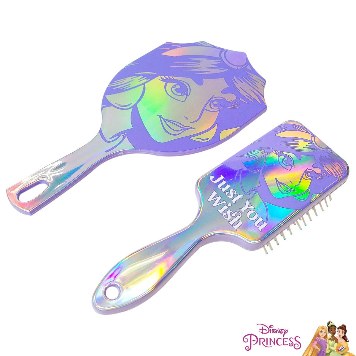 Disney Princess Jasmine iridescent hair brush and mirror set with 'Just You Wish' text