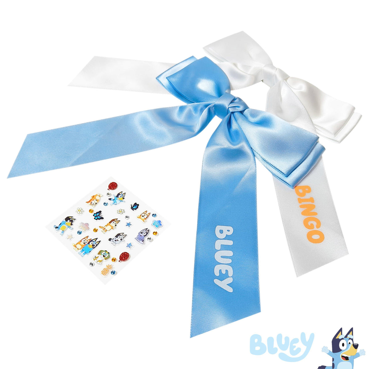Bluey and Bingo hair bow set with character stickers, official Bluey girls' accessories from LuvHer Shop