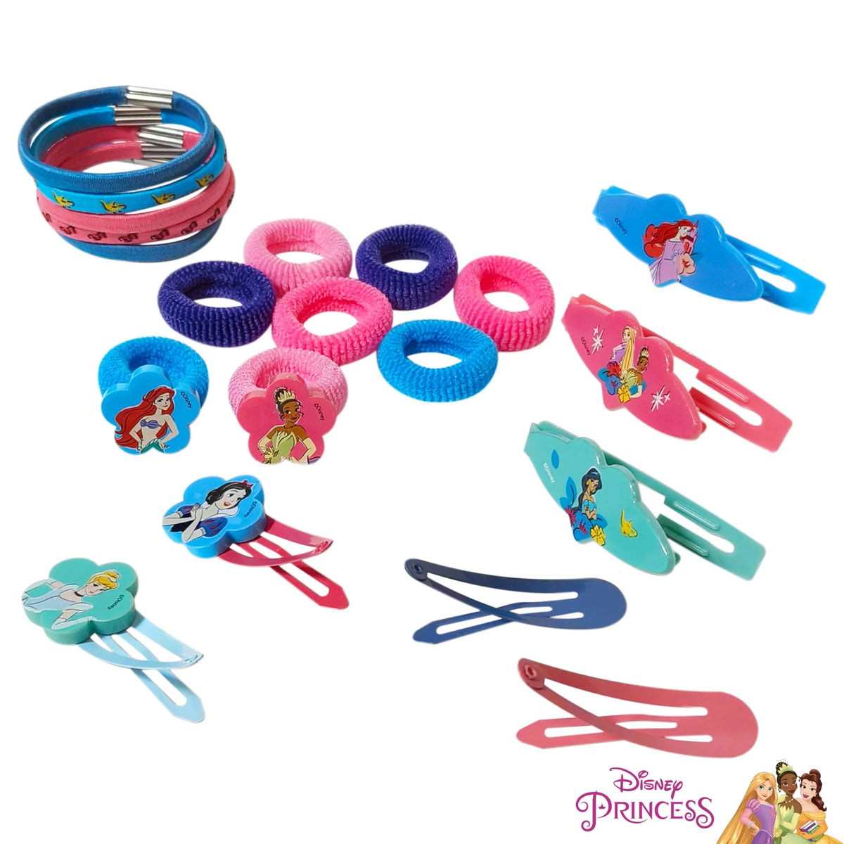 Disney Princess Hair Accessory Set with hair ties, bracelets, and clips featuring princess designs from LuvHer Shop.