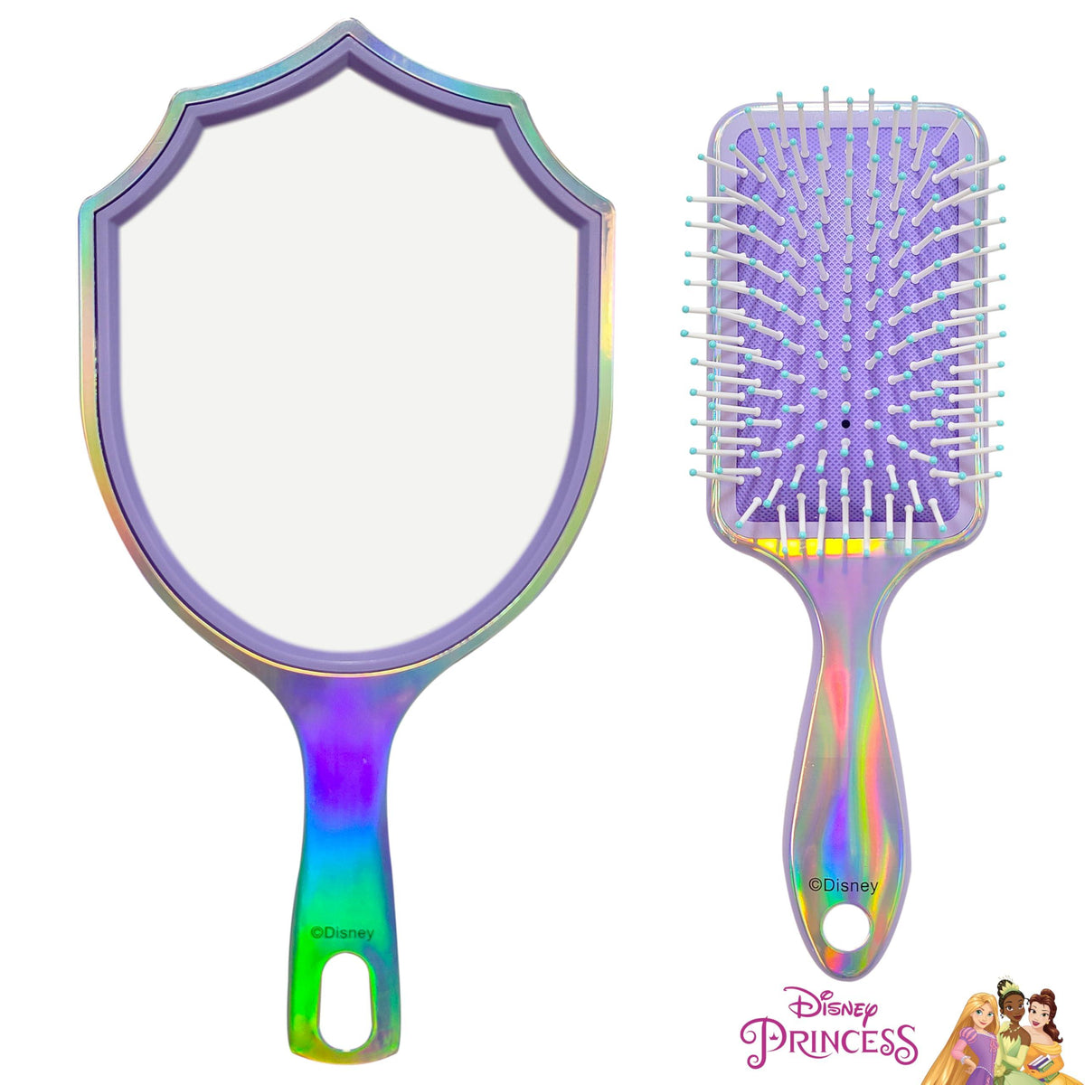 Disney Princess iridescent hair brush and shield-shaped hand mirror set for girls