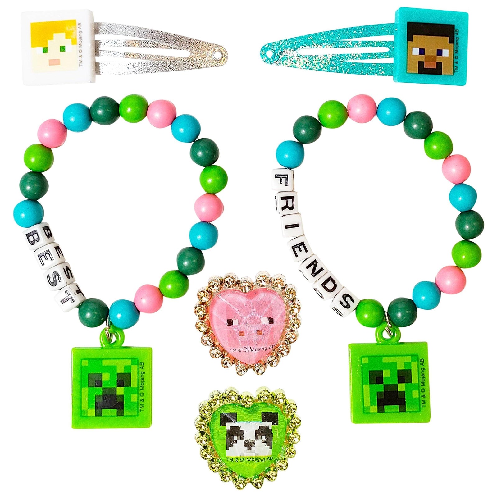 Minecraft BFF Accessory Set with hair clips, rings, and beaded bracelets for girls