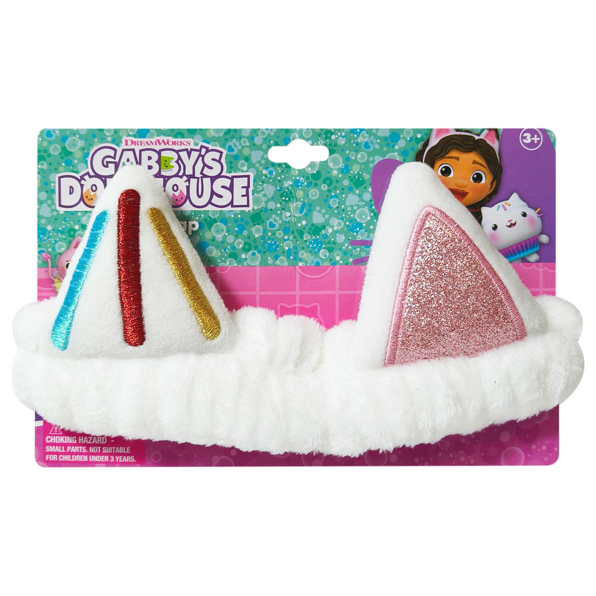 Gabby's Dollhouse Cat Ear Headband with plush white band and colorful glitter details, girls' accessory
