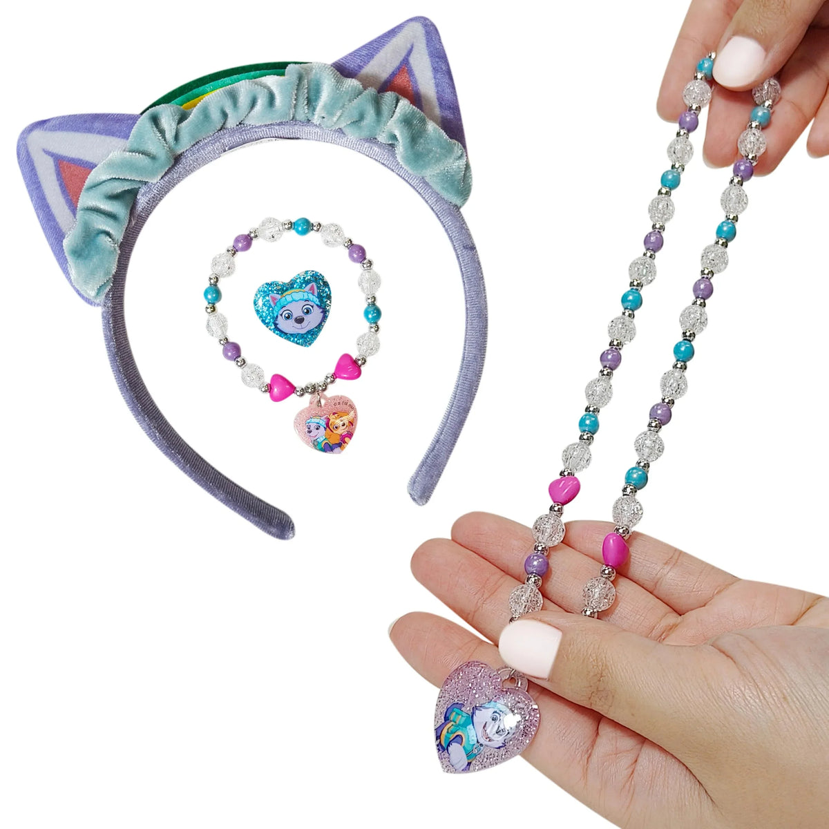 Frozen Girls 3-Piece Jewelry Set with beaded necklace, bracelet, and blue cat ear headband