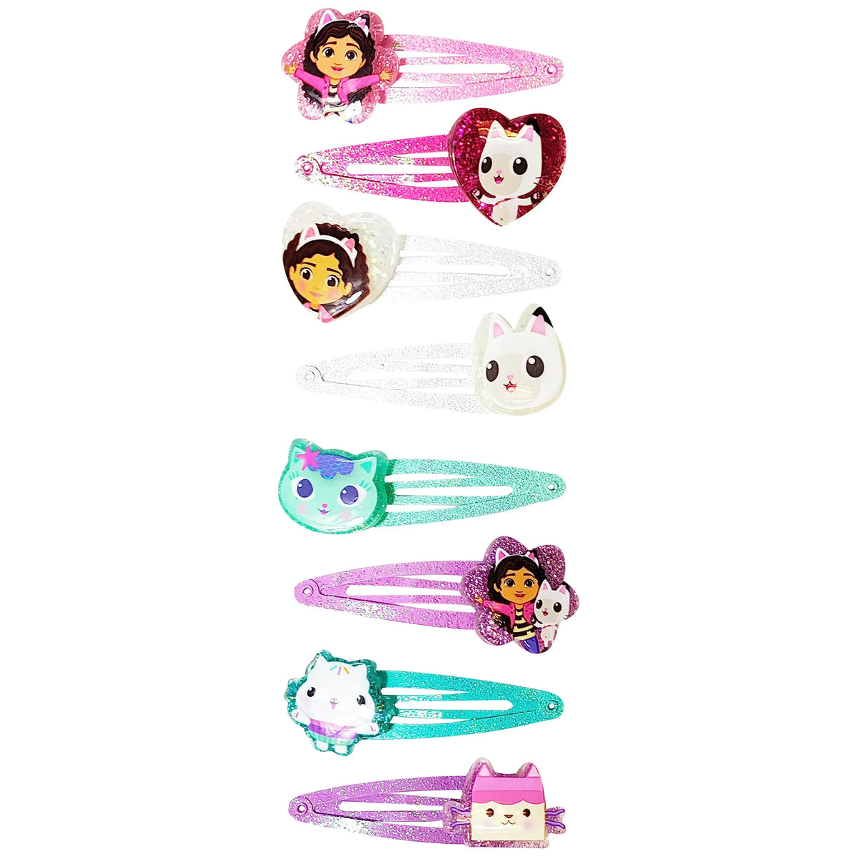 Gabby's Dollhouse Glitter Hair Clips set featuring colorful cat and character designs