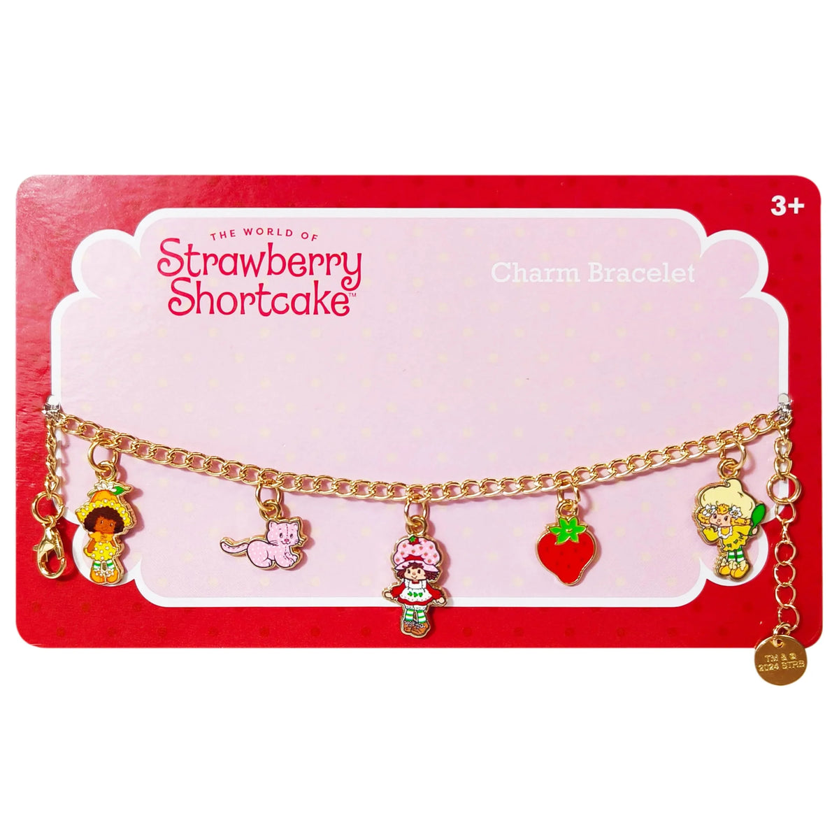 Strawberry Shortcake charm bracelet with gold chain and colorful character charms on display card