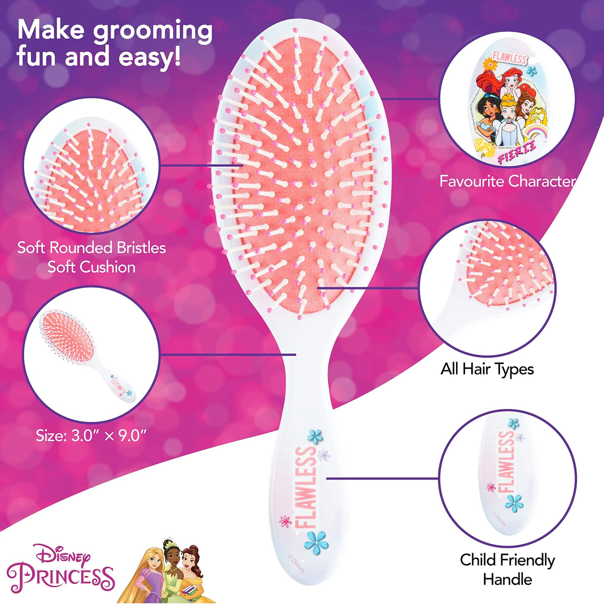 Disney Princess Flawless Hair Brush with soft bristles, child-friendly handle, kids grooming
