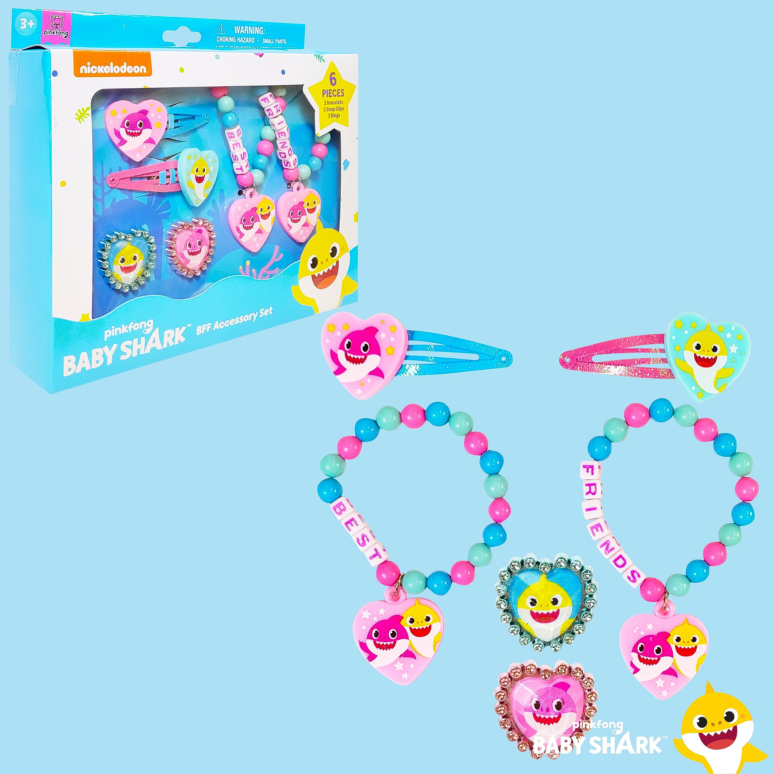 LUV HER Baby Shark Girls BFF 6 Piece Toy Jewelry Box Set with 2 Rings, 2 Bead Bracelets and Snap Hair Clips Ages 3+ - LuvHer Shop