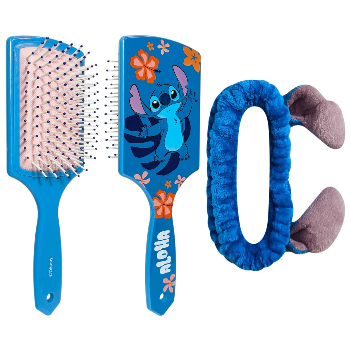 Disney Stitch Hair Brush and Plush Headband set, blue accessories with Stitch character art and hibiscus flowers, LuvHer Shop