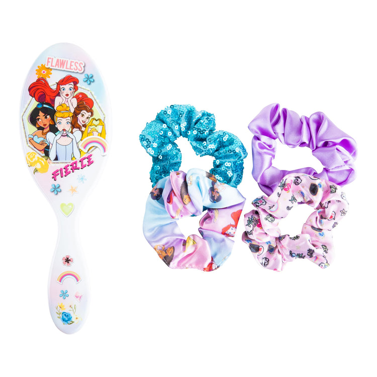 Disney Princess Hair Accessory 5 Pcs Set - 1 Large Disney Princess Hair Brush + 4 Disney Princess Scrunchies - Hair Accessories For Girls - Detangling Brush - Elastic Hair Ties Ropes Scrunchies - LuvHer Shop