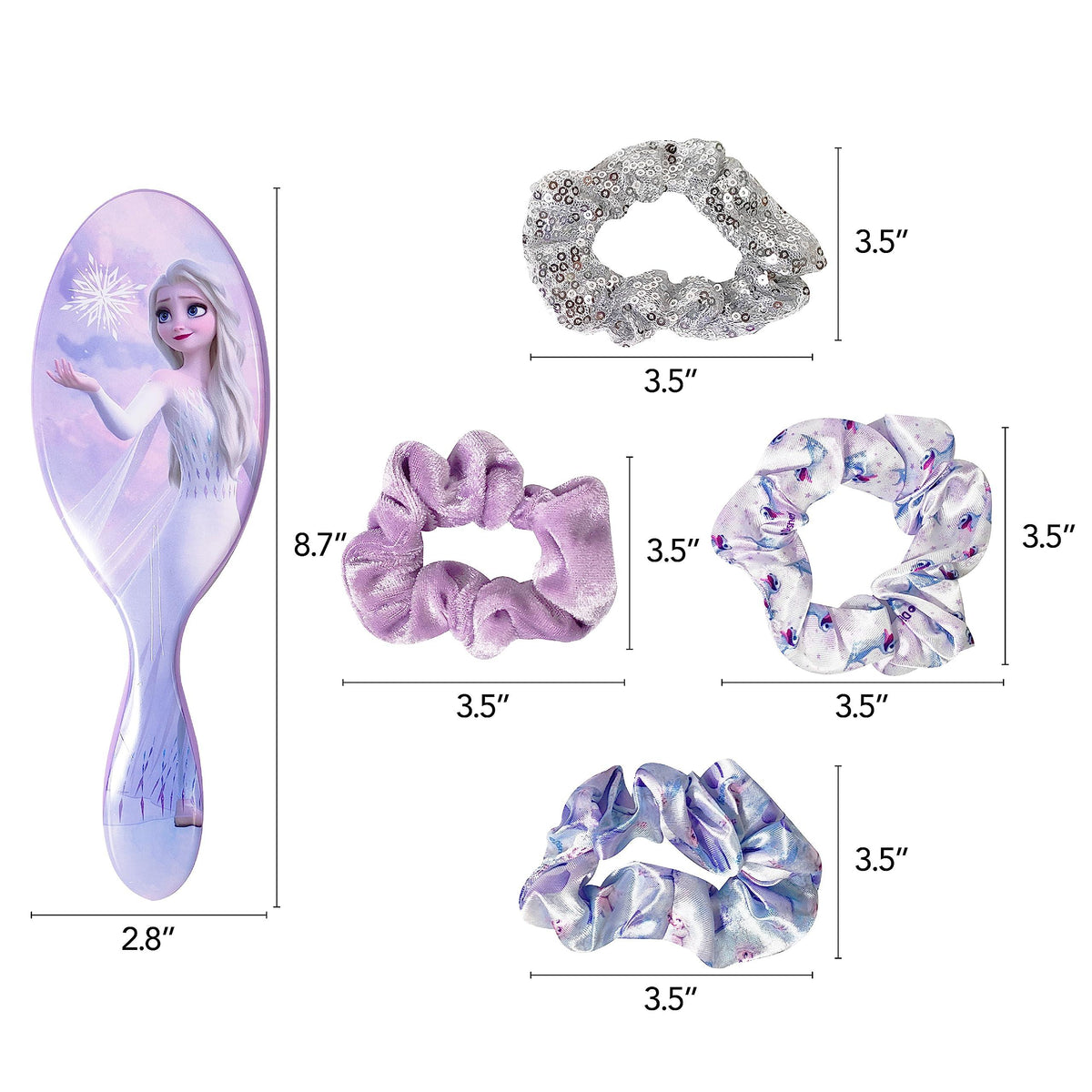 Disney Frozen Elsa Hair Brush and Scrunchie Gift Set with four scrunchies and size dimensions, officially licensed girls' accessories from LuvHer Shop.