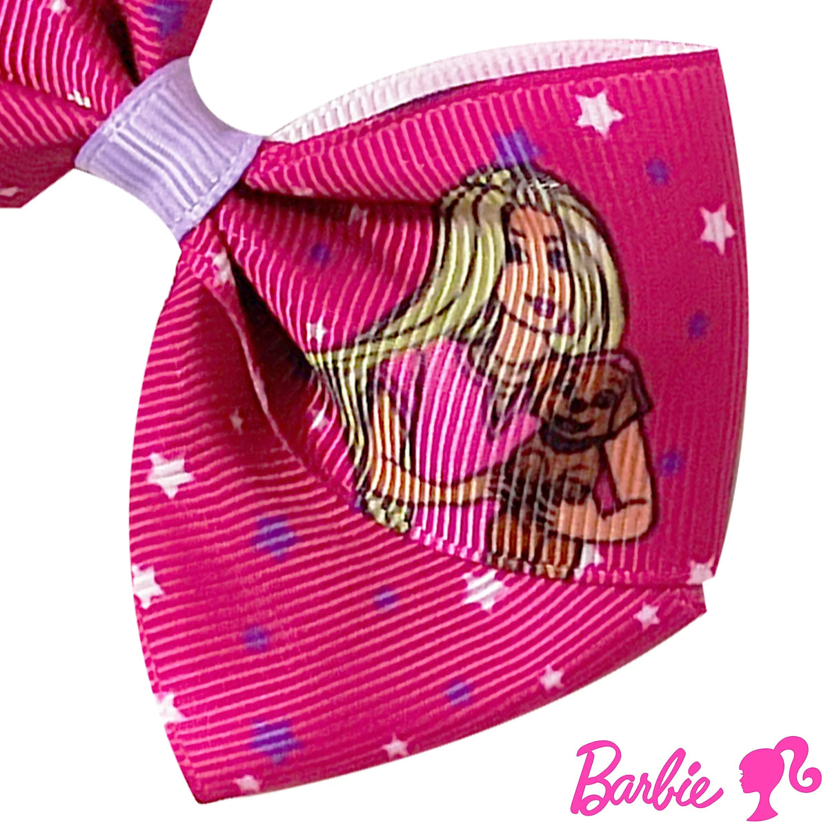 Barbie hair bow for girls, pink with stars and Barbie graphic, LuvHer Shop accessory