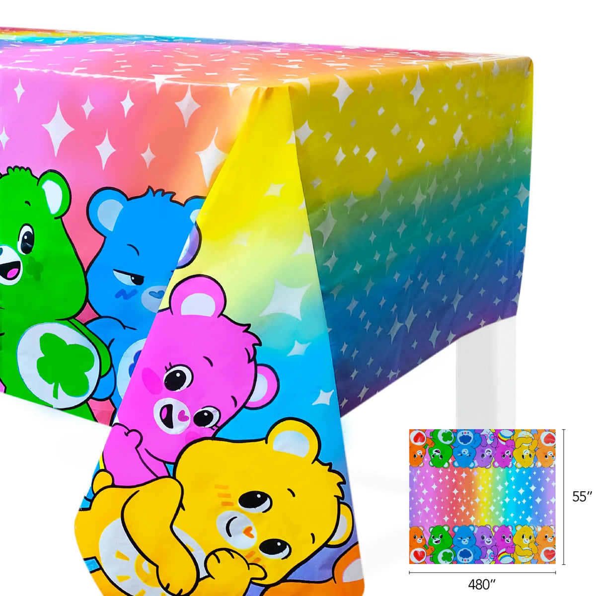 Care Bears rainbow plastic table cover with colorful bear characters, LuvHer Shop party accessory