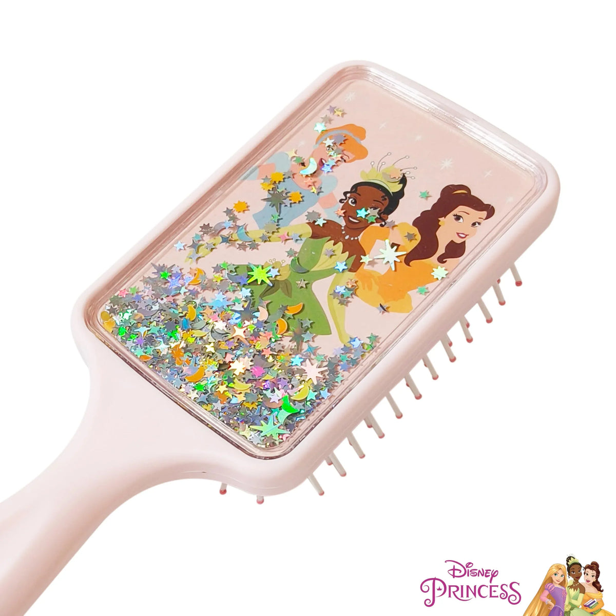 Disney Princess Hair Brush with glitter stars, featuring Cinderella, Tiana, and Belle