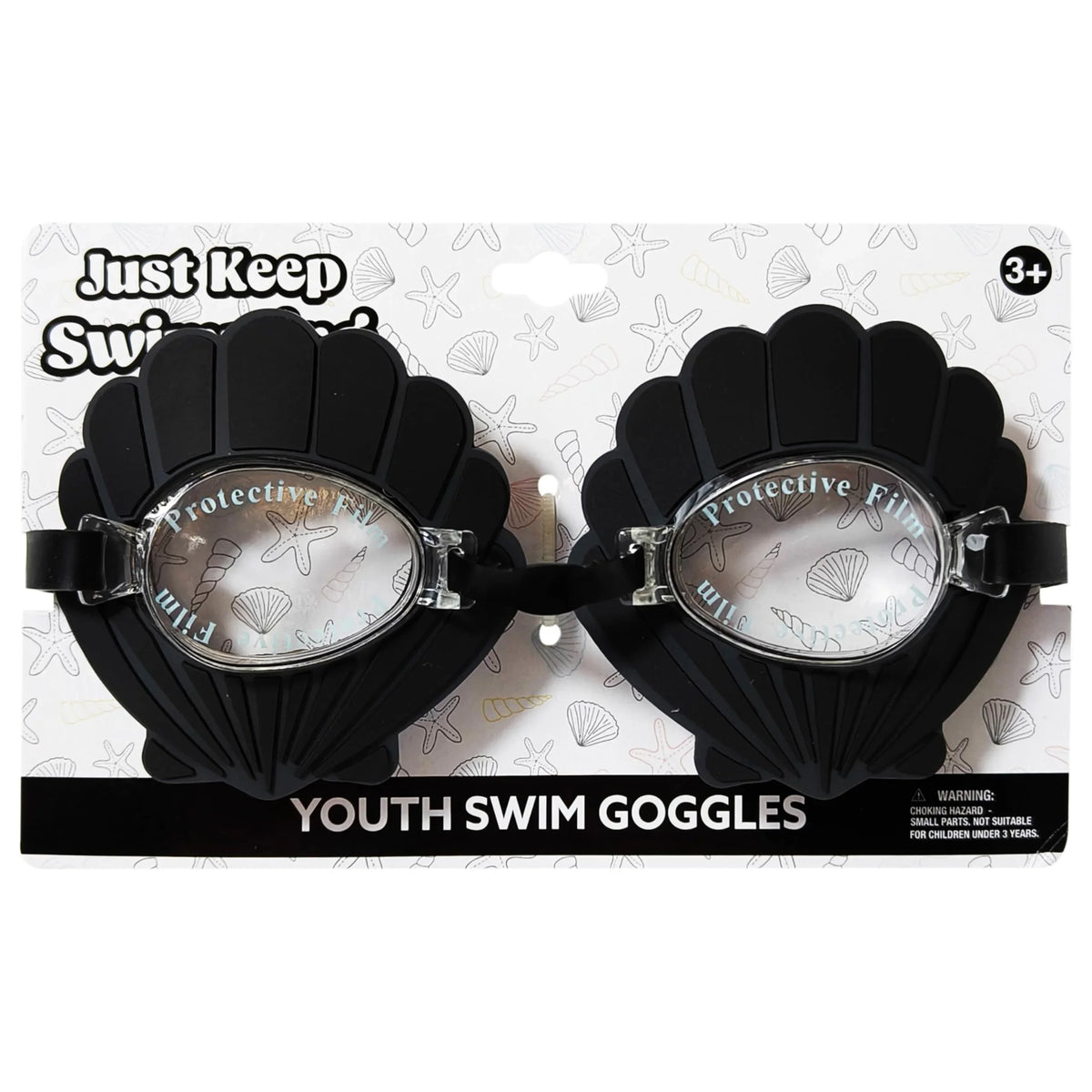 Just Keep Swimming Youth Swim Goggles, black seashell design, kids accessory on display card