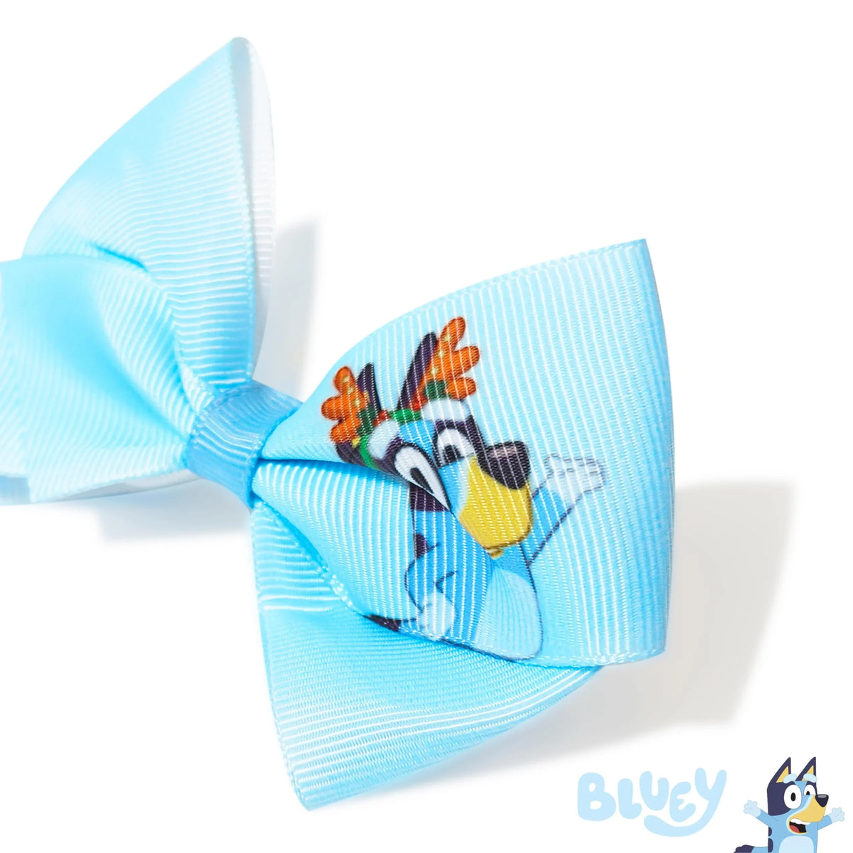 Bluey Holiday Bow hair accessory with Bluey character print on light blue ribbon