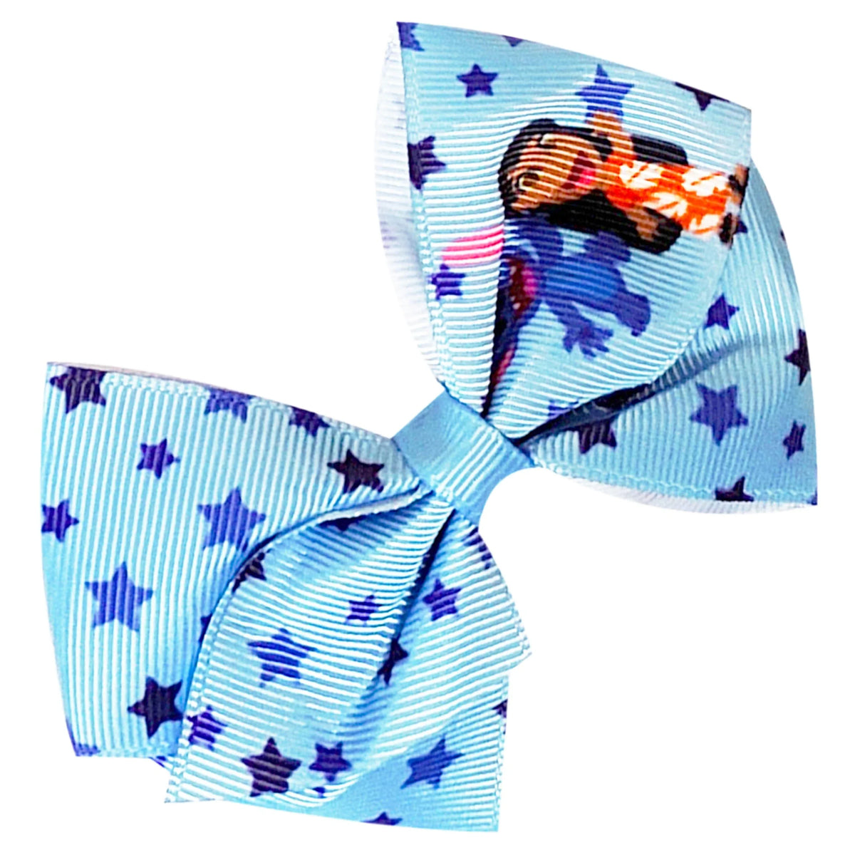 Bluey Star Bow hair accessory featuring blue ribbon with star pattern and Bluey character print
