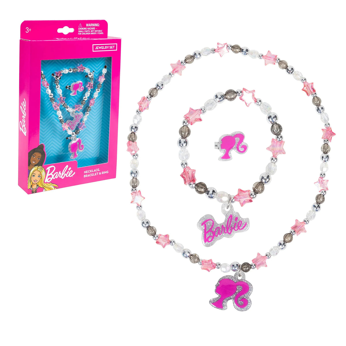 Barbie Girls Jewelry Set - 3 Piece Toy Jewelry Box Set with Bead Necklace, Bracelet, and Ring