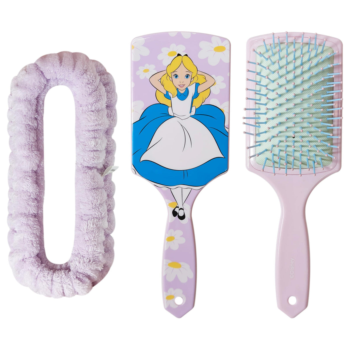 Alice in Wonderland Hair Brush Set featuring lavender heatless hair curler and paddle brush with Alice illustration, LuvHer Shop official Disney girls' accessory.