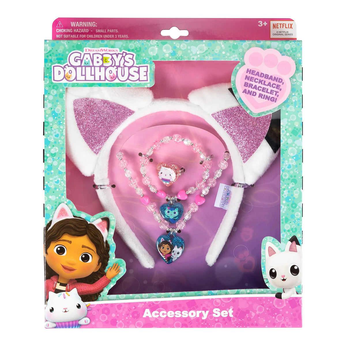 Gabby's Dollhouse accessory set with cat ear headband, necklace, bracelet, and ring in box