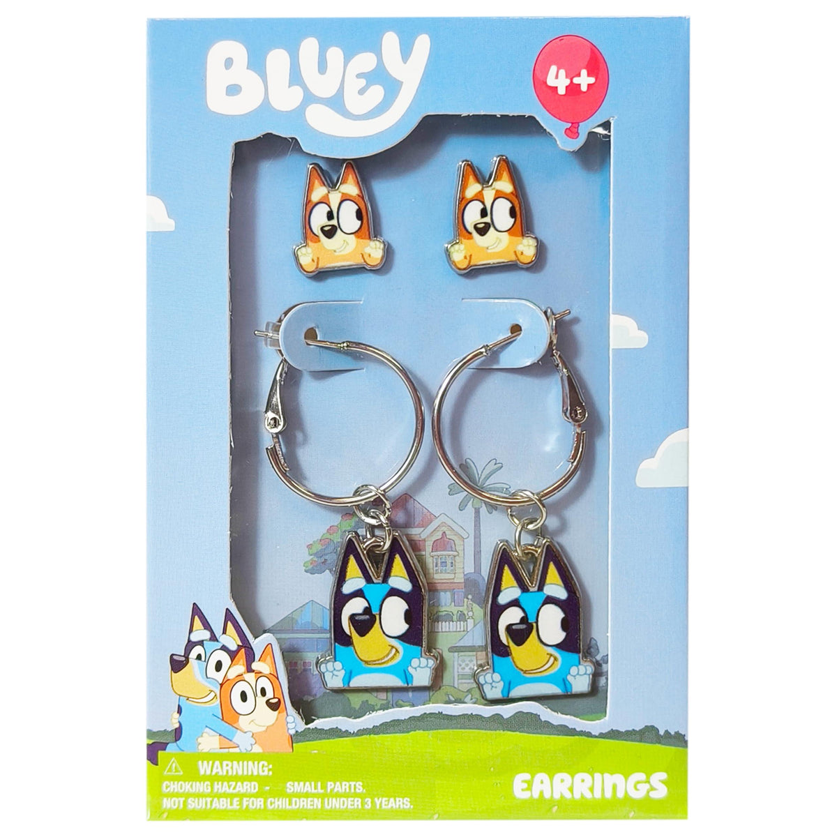 Bluey earrings set for girls featuring Bluey and Bingo characters, officially licensed, in display packaging.