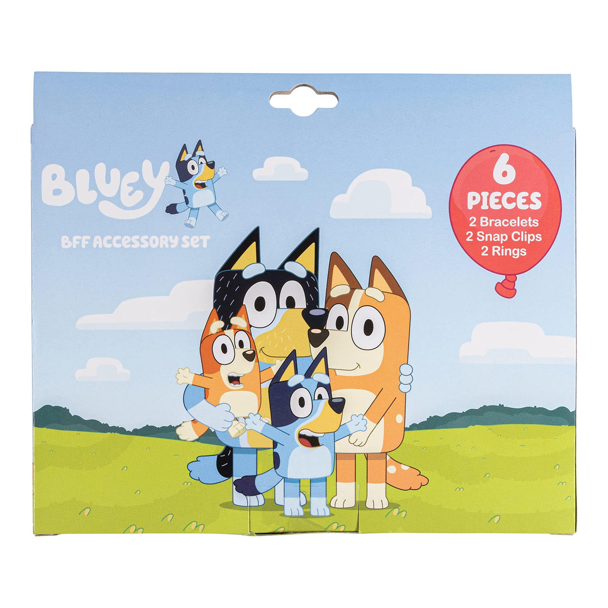 Bluey BFF Accessory Set packaging featuring Bluey family cartoon, 6 piece girls’ accessory gift