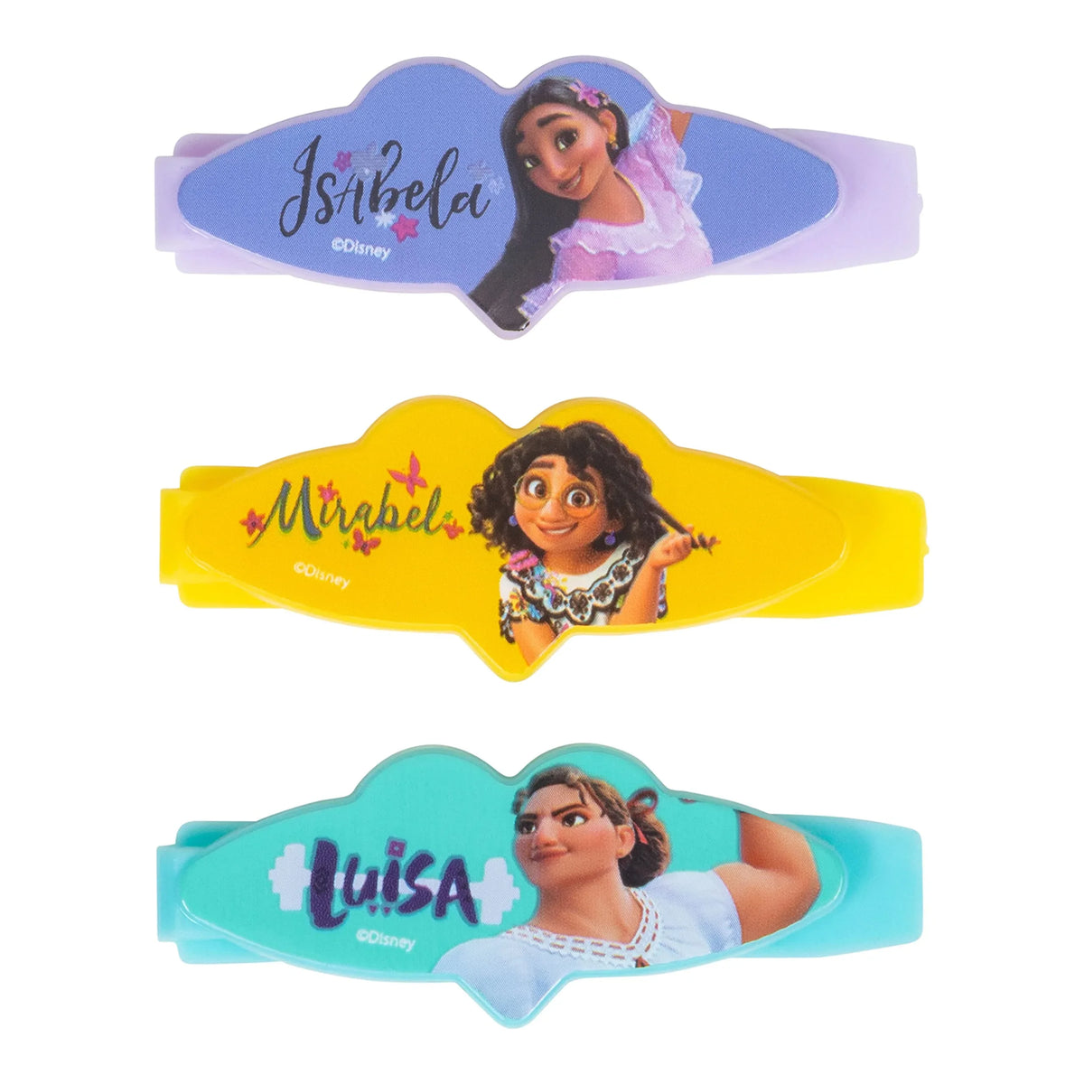 Disney Encanto hair clips set featuring Isabela, Mirabel, and Luisa characters from LuvHer Shop