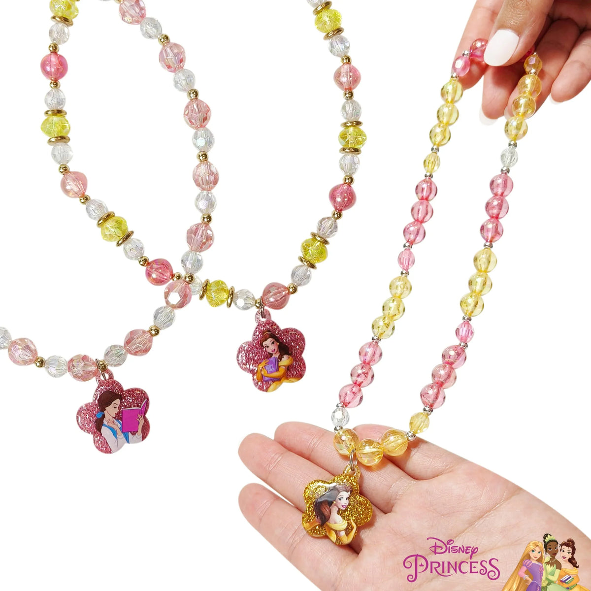 Disney Princess Belle Necklace Set with pink, yellow, and clear beads, flower-shaped Belle charms, girls' jewelry from LuvHer Shop