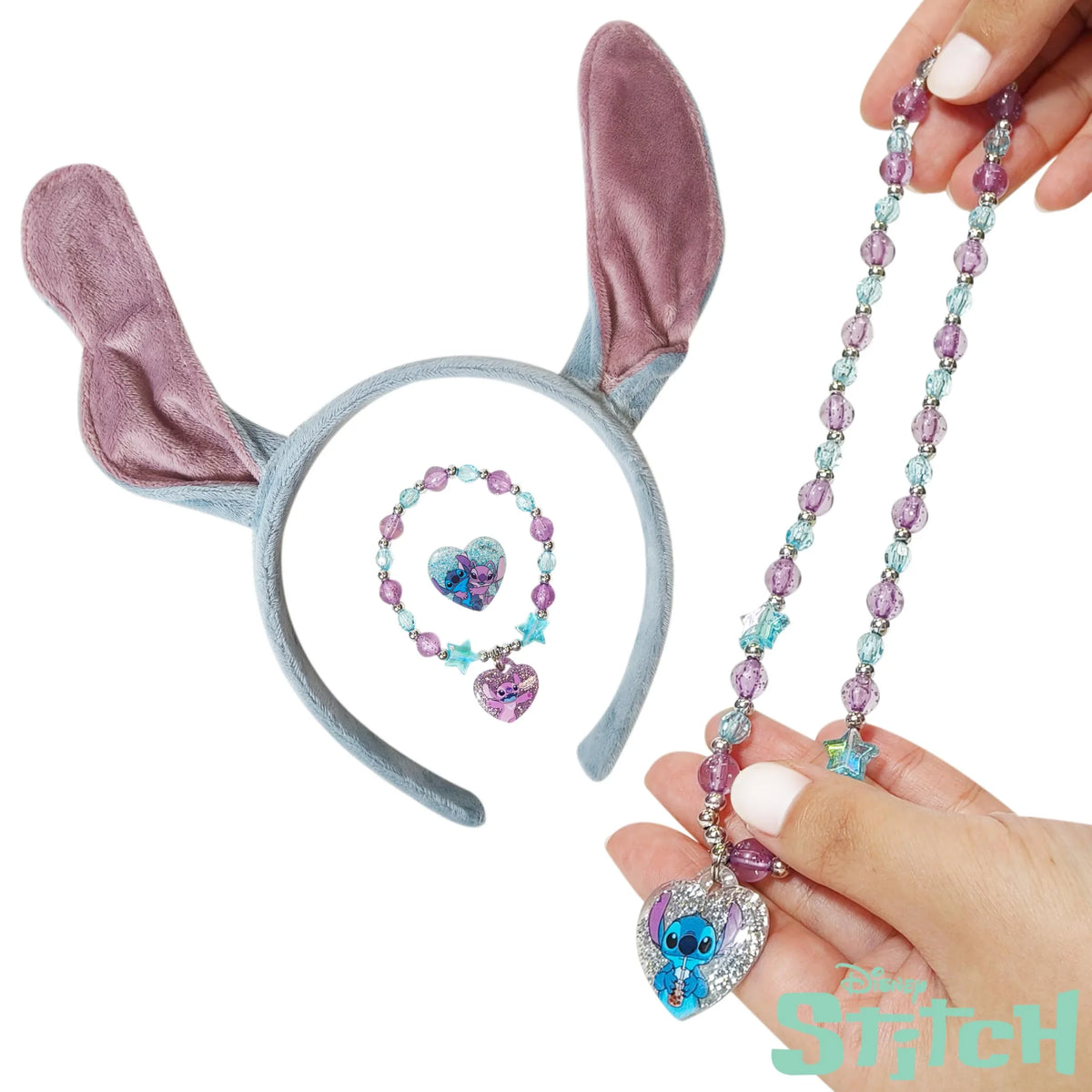 Disney Stitch Girls' Jewelry and Headband Set with purple and blue beaded necklace, bracelet, and plush Stitch ears headband from LuvHer Shop